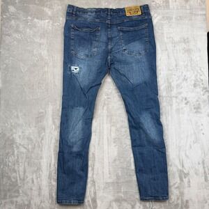 Grindhouse Denim Mens Distressed Paint Splatter Ripped Slim Jeans Blue Size 40